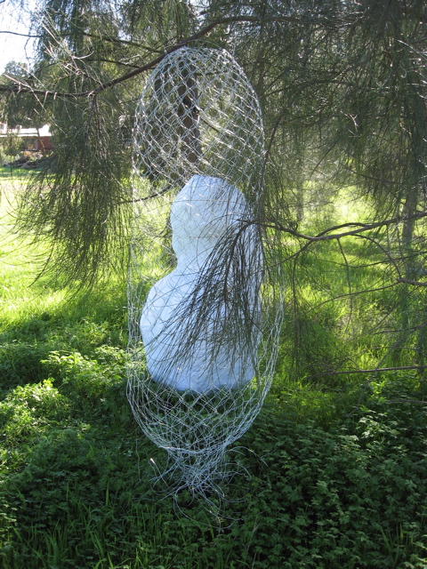 A 3D wire lace hollow form hanging from a sheoak tree with the white paper-covered armature standing on the ground behind it. There is lush green grass covering the ground.