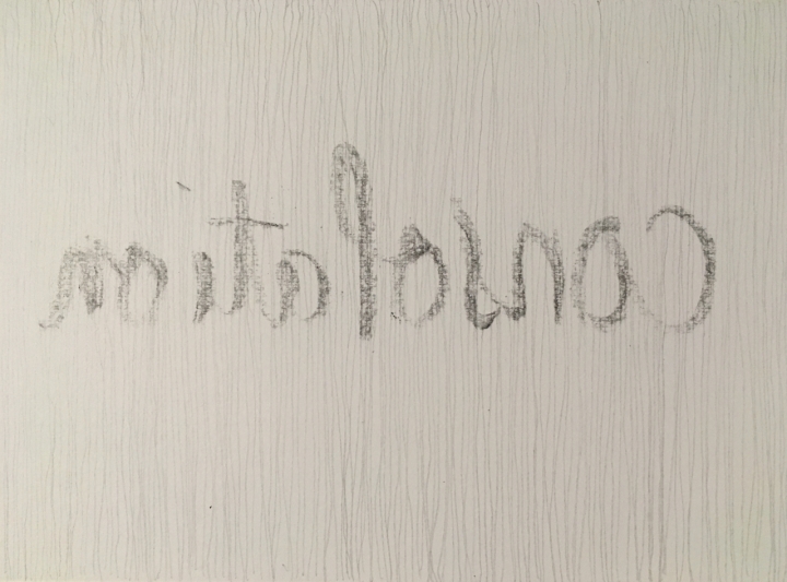A mirror image print of the word 'consolation' in faint graphite black, on white paper with many thin vertical pencil lines