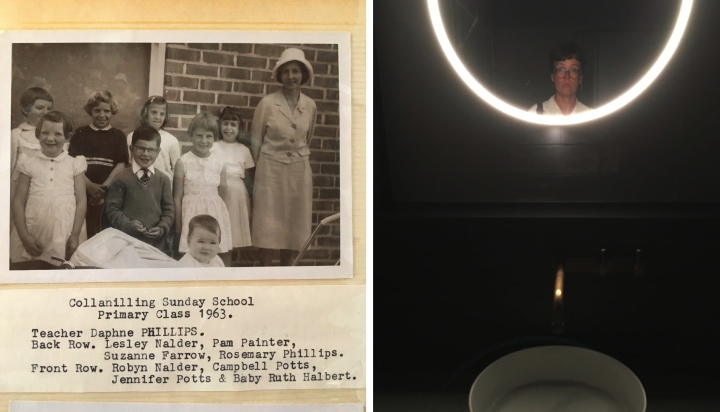 Two photos side-by-side. The left one is of a page of an old album showing a black-and-white photo of young children, their Sunday School teacher and a baby in a pram whose head is just visible in front. There is a typewritten caption underneath listing the year, 1963, the names of the children and ‘Baby Ruth Halbert’. Onlooking adults are just visible reflected in the window behind the children. This photo was taken today at the decommissioning service of the church where the b&w photo was taken. The right photo was taken today in a recently renovated café bathroom showing the artist’s face visible in part of a circular mirror ringed by a fluorescent tube set in a black wall above a white circular basin.